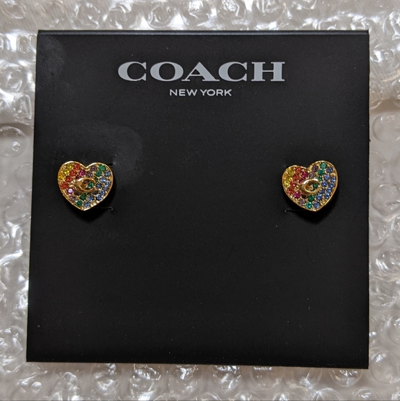 NWT COACH Rainbow Pave Heart Stud Earrings Signature C - Picture 2 of 6